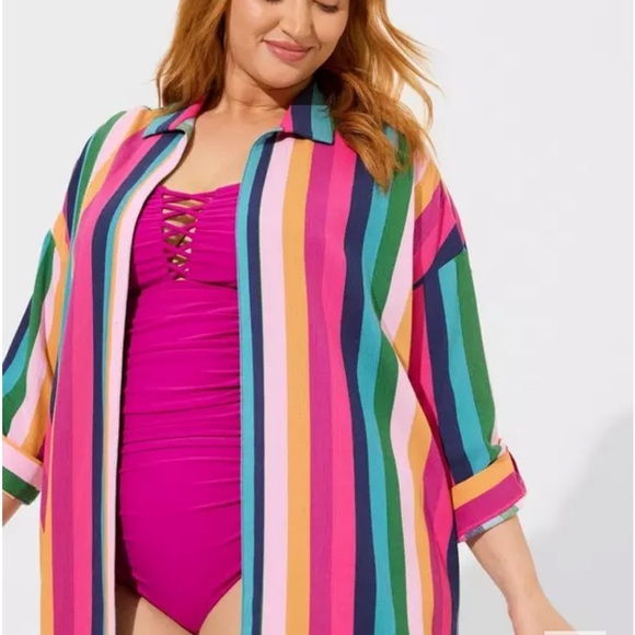 NWT Torrid Oversized Kimono Gauze Shirt Rainbow Rugby Stripe 3X - Picture 2 of 5